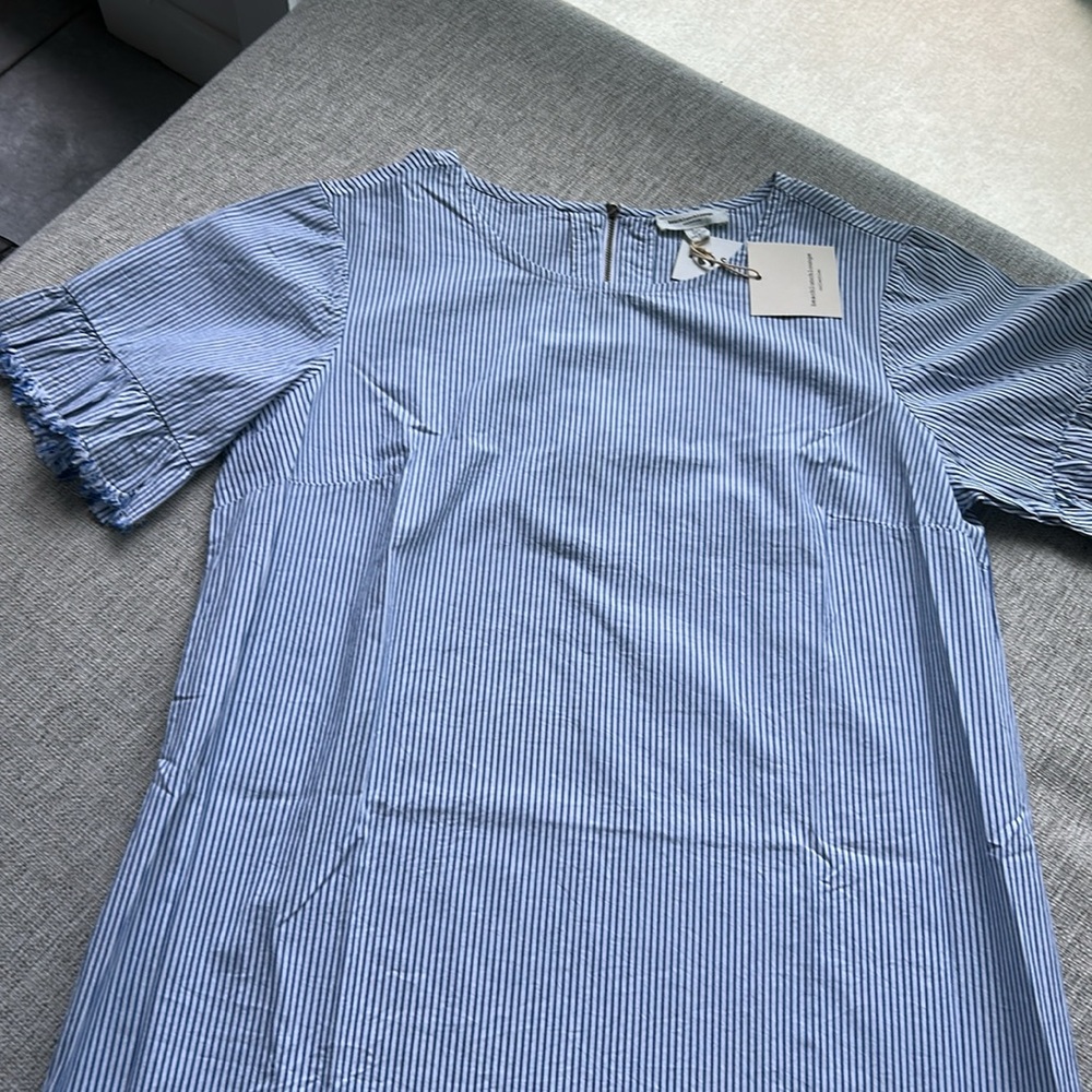Beach Lunch Lounge Blue Striped Ruffled Short Sleeve Dress Cara Large NWT